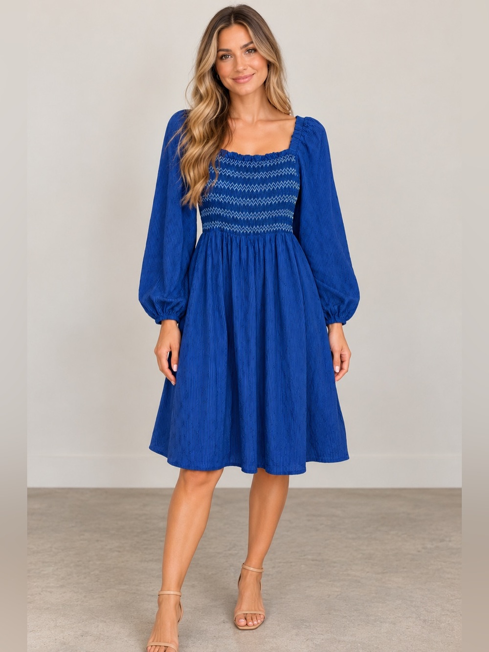 Draper James RSVP Blue Smocked Midi Dress Long Sleeve Cotton Boho S